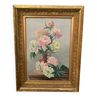 Nature morte huile sur toile bouquet roses pivoines