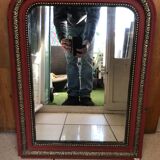 Ancien miroir Louis Philippe bois & plâtre rang de perles + frises vintage