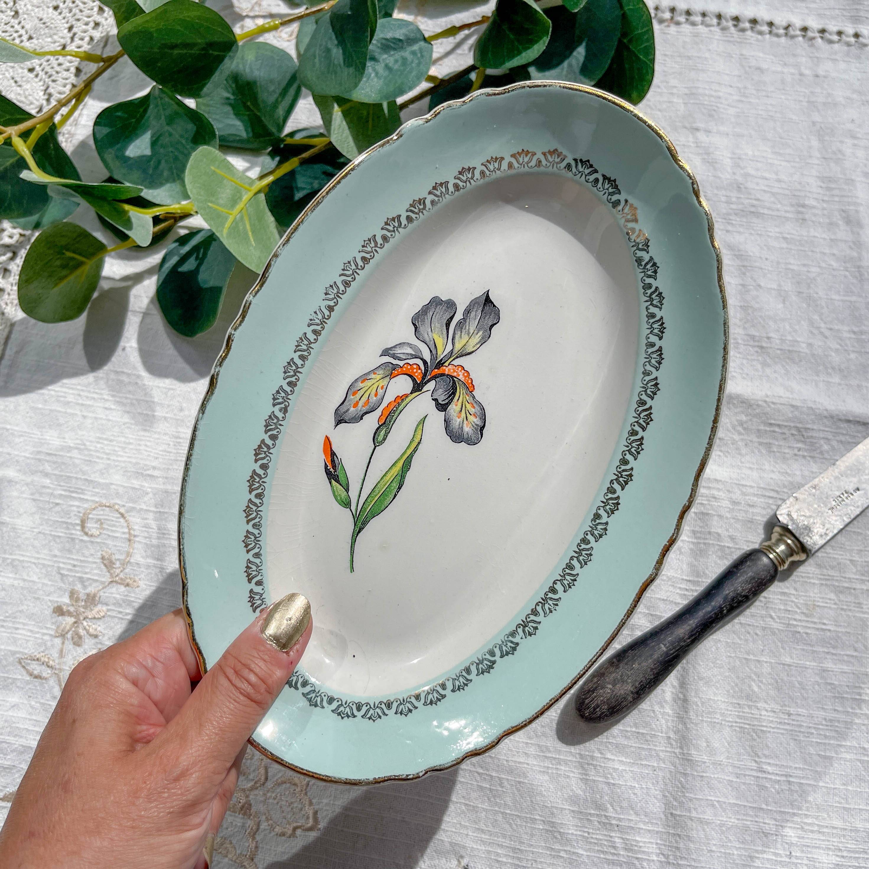 Vintage white and green porcelain dish Iris Moulin des Loups "Sargosse" 1950s