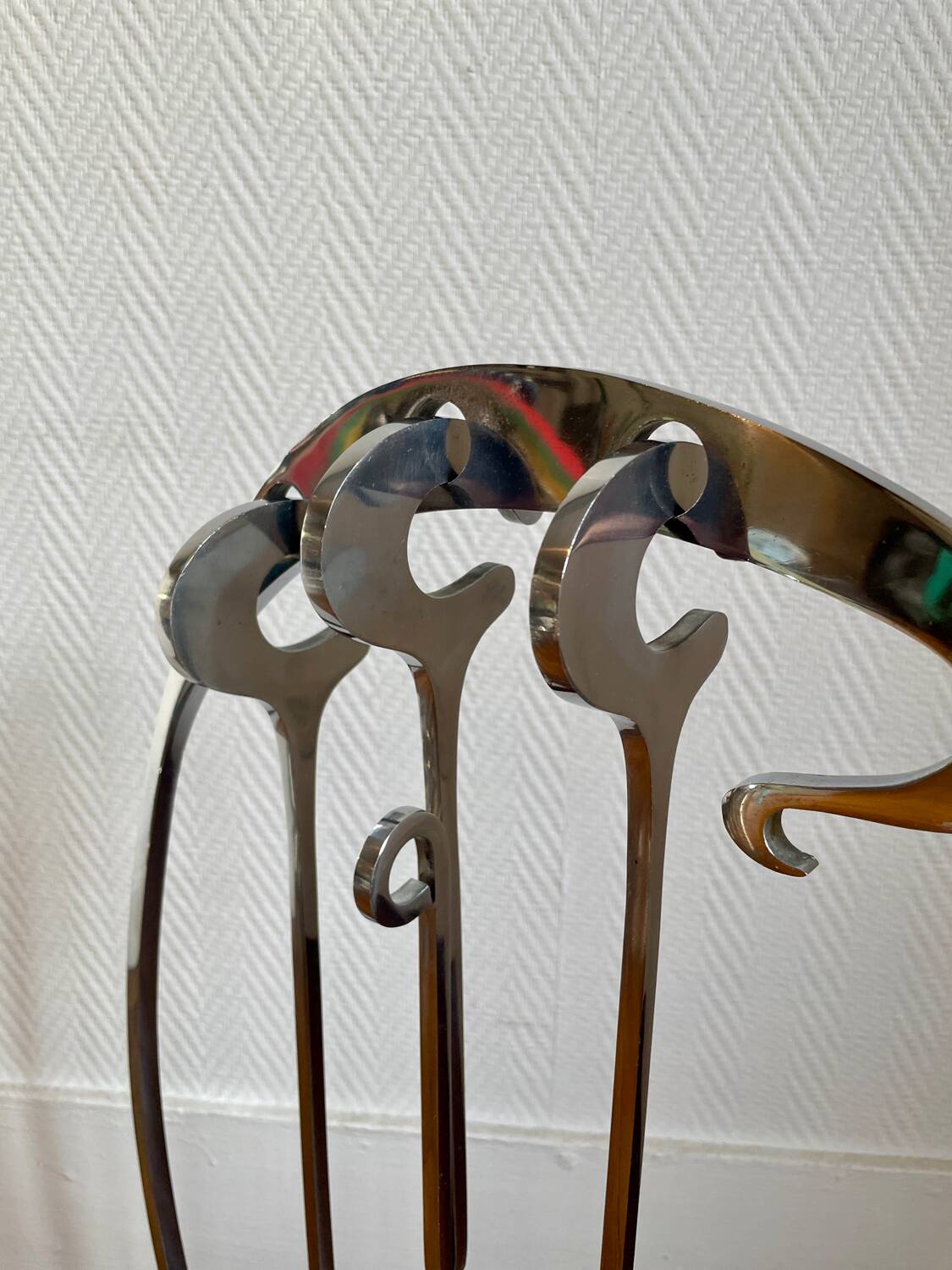 Jaques Charles polished stainless steel fireplace set for Jean-Paul Créations France 1970