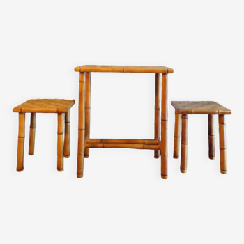 Bistro table set and 2 bamboo stools 1930