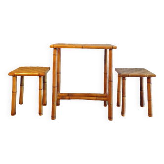 Set table bistrot et 2 tabouret en bambou 1930