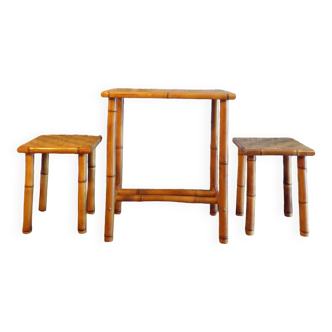 Bistro table set and 2 bamboo stools 1930