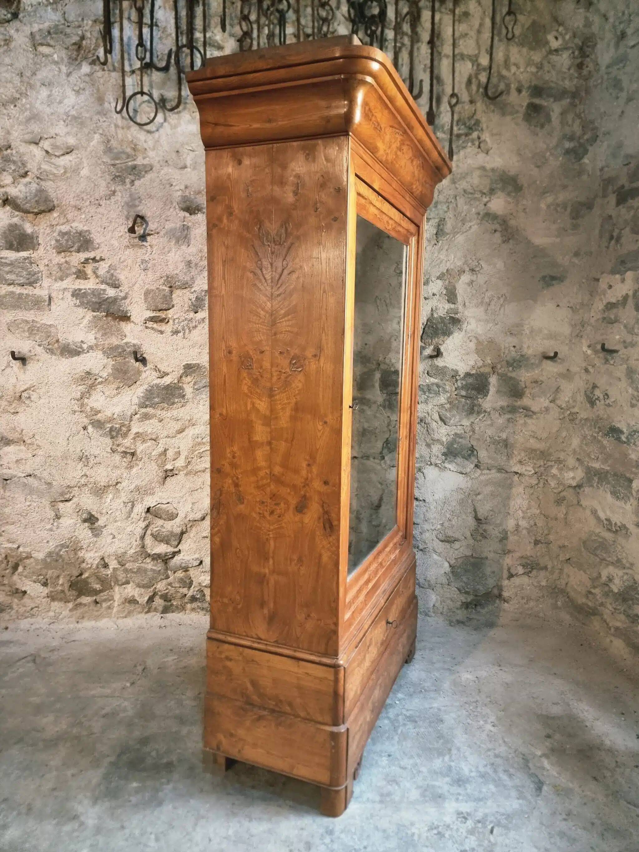 Antique French Louis Philippe wardrobe / wardrobe – elm and oak, mirrored door, 19th century