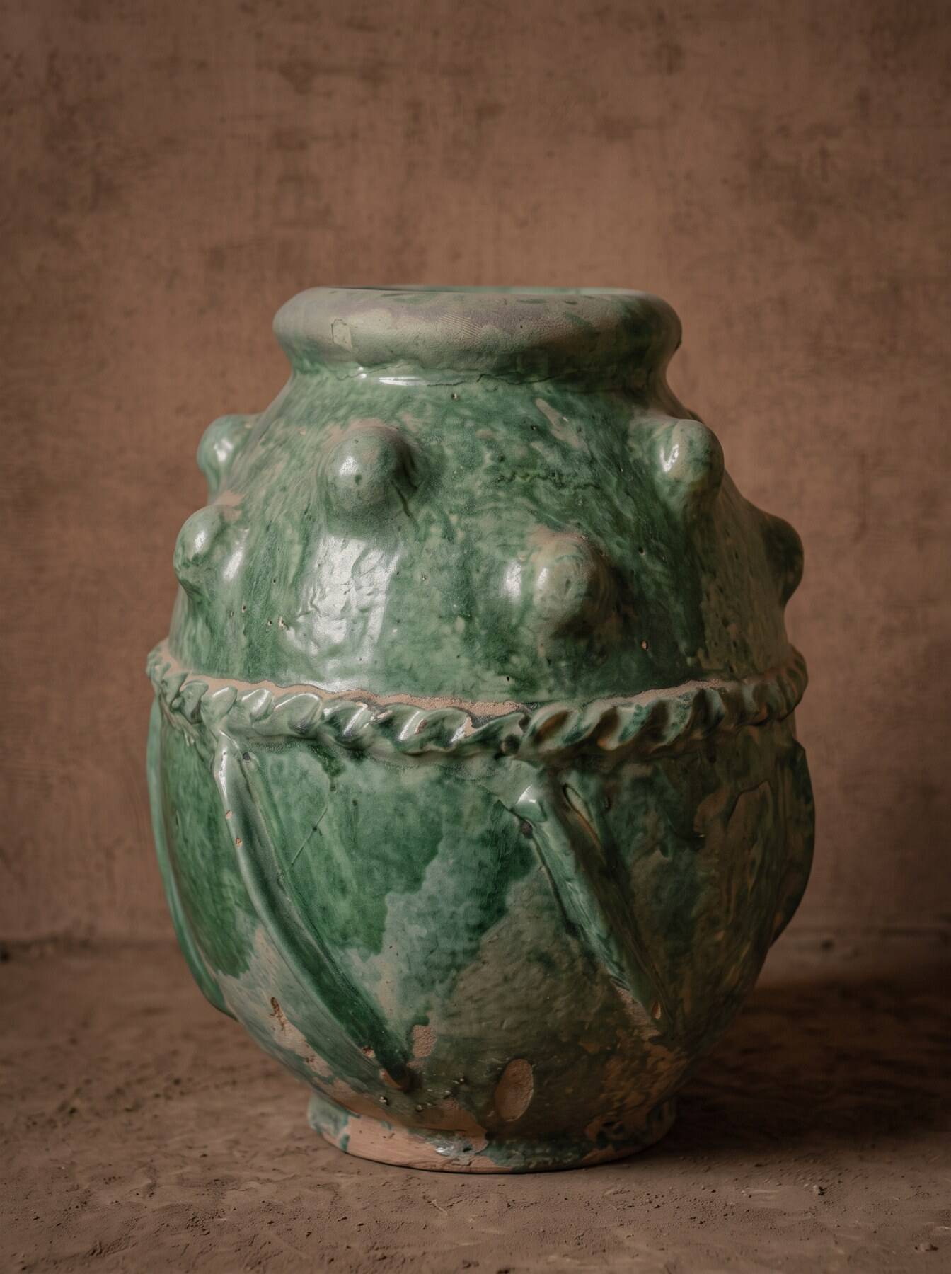 Glazed terracotta urn with protrusions and cordons.
