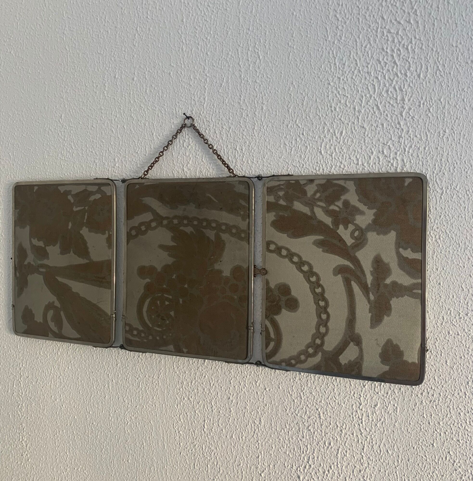 Miroir vintage 1930 triptyque de barbier Art Déco tissu - 31 x 77 cm
