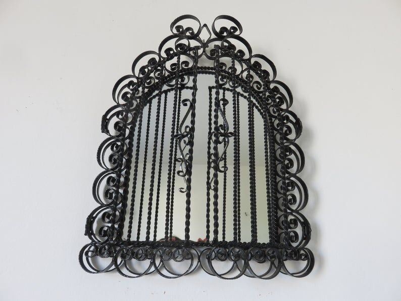 Opening mirror, shuttered, in black wrought iron, Vallauris 50s 60s