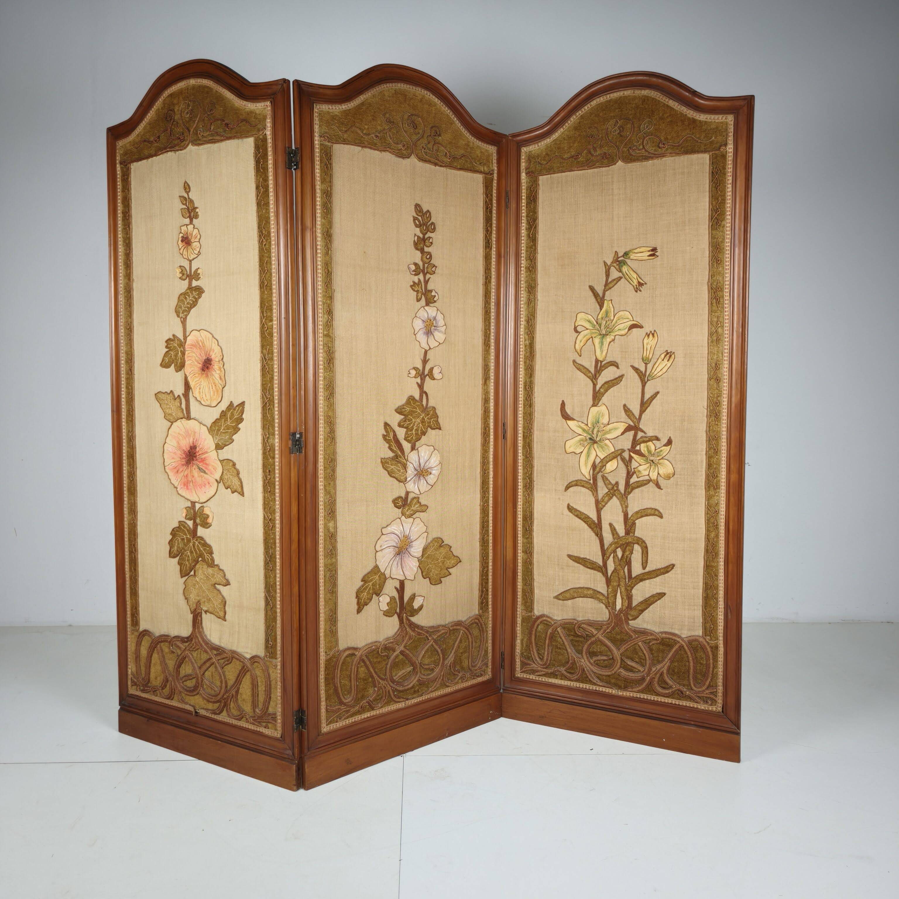 Art Nouveau Room Screen with Embroidered Floral Panels, circa 1900