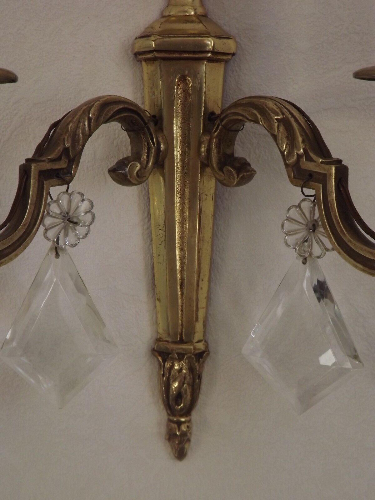 French Pair of Double Empire Brass Wall Sconces with Diamond Crystal Drops