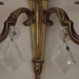 Paire française d'appliques murales double empire laiton avec gouttes de cristal diamant