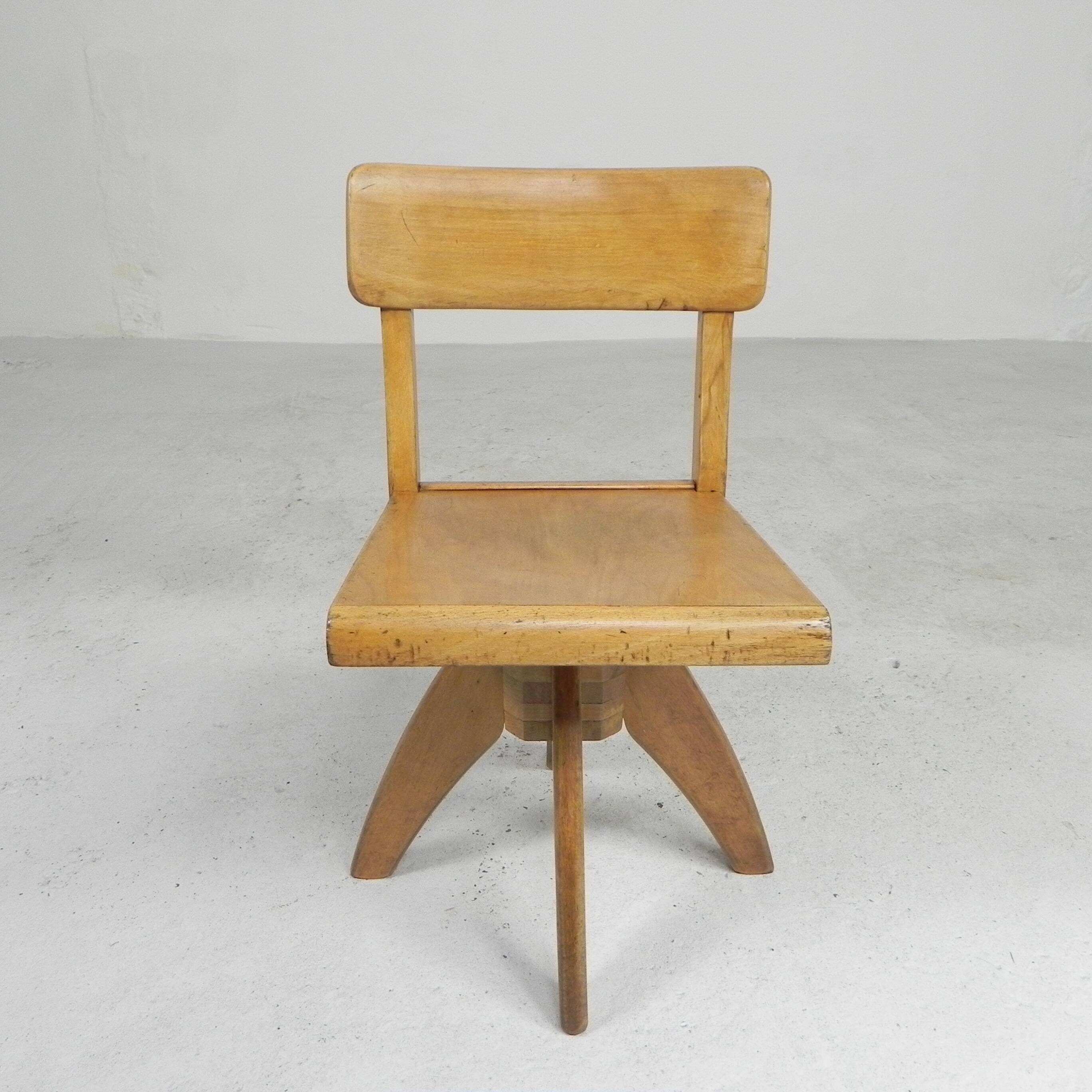 Wooden high chair, swivel chair, school chair, 1950s