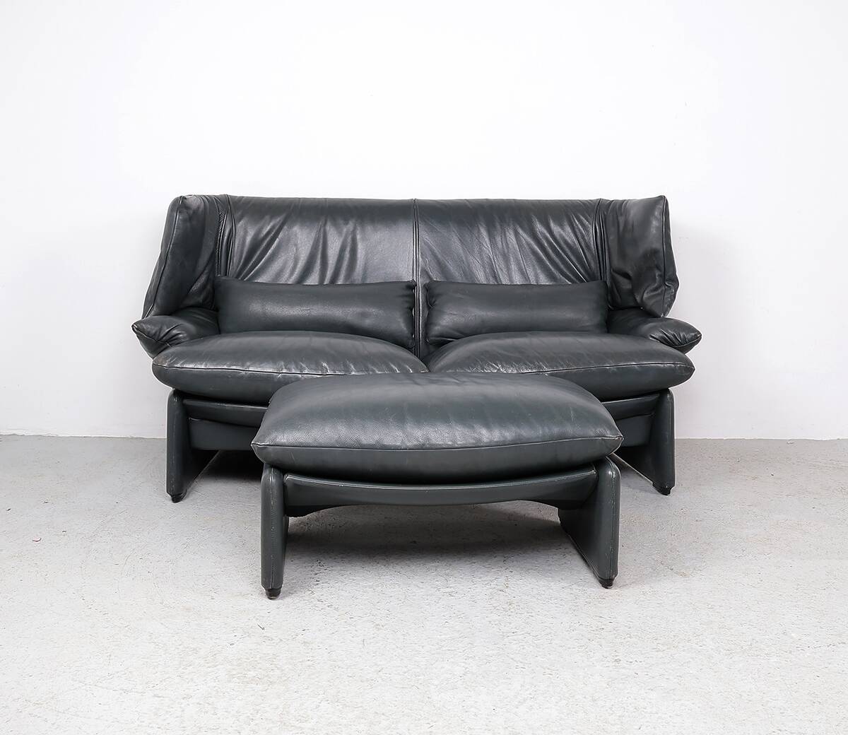 Leather Sofa with Pouf by Vico Magistretti for Cassina, 1980s, Set of 2