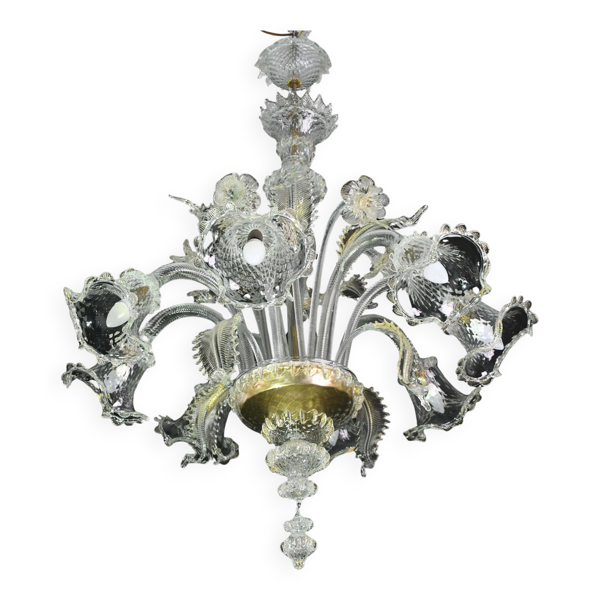 Wonderful large size Venetian chandelier, transparent and gold Murano glass