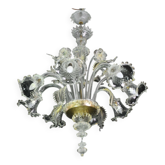 Wonderful large size Venetian chandelier, transparent and gold Murano glass