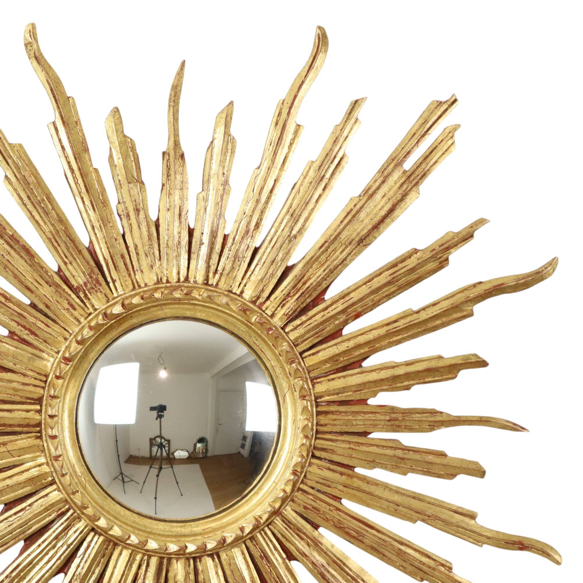 Large Gold Leaf Gilded Wooden Sun Mirror Sunburst Mirror 75cm