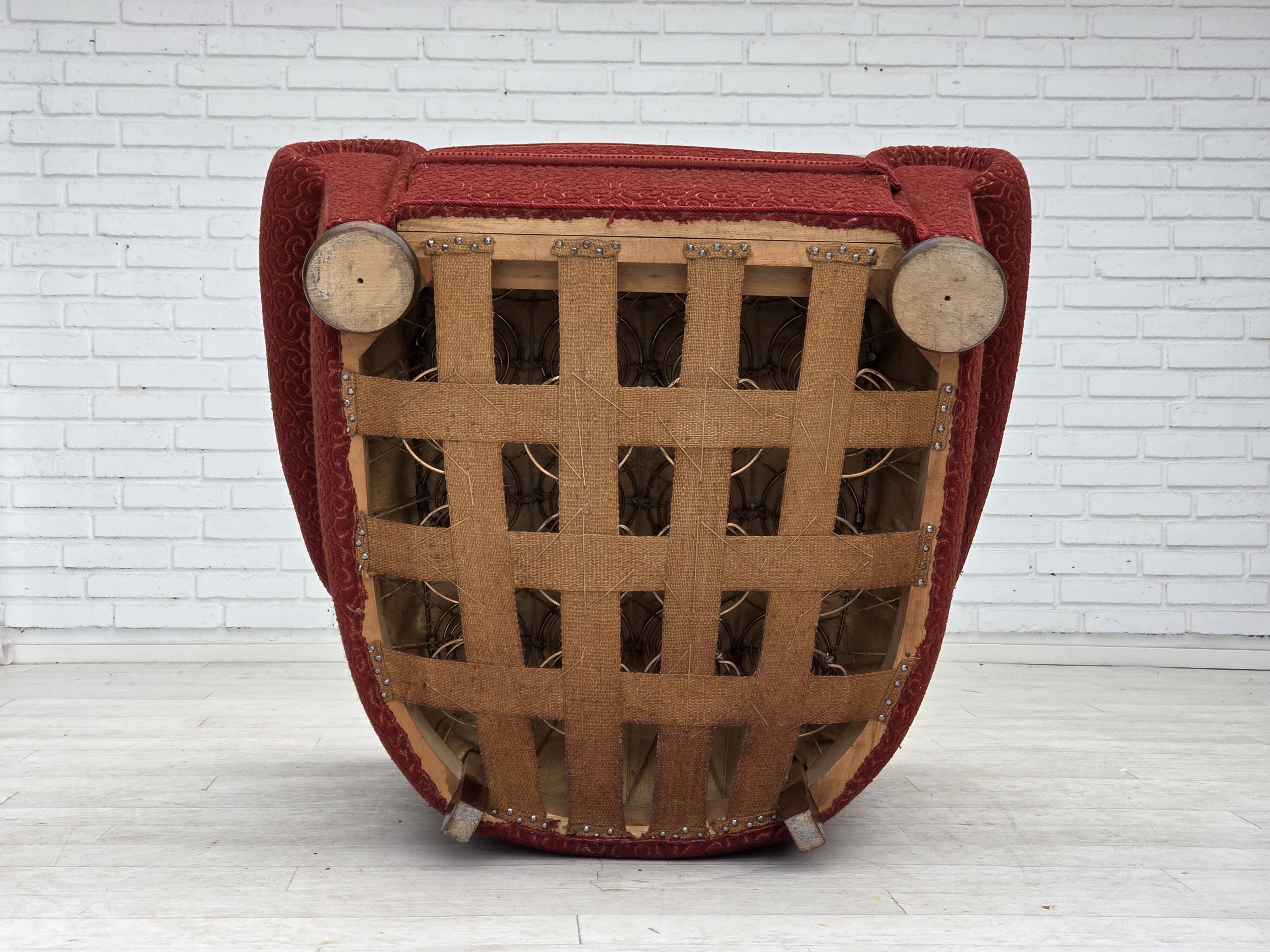 1960s, Danish relax armchair, original red furniture wool, oak wood legs.