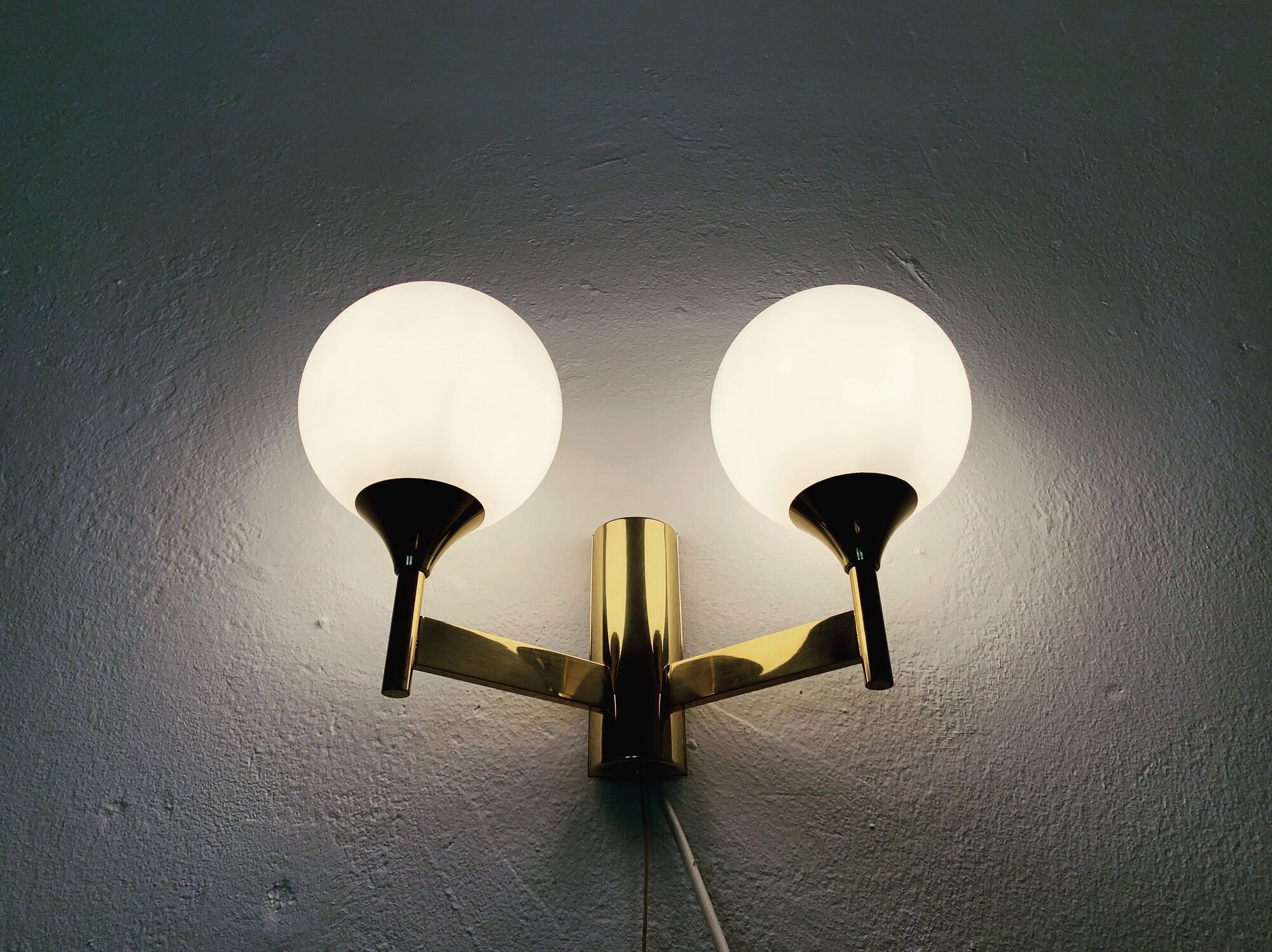 Set of 2 brass and opaline glass Sputnik wall lamps by Kaiser Leuchten