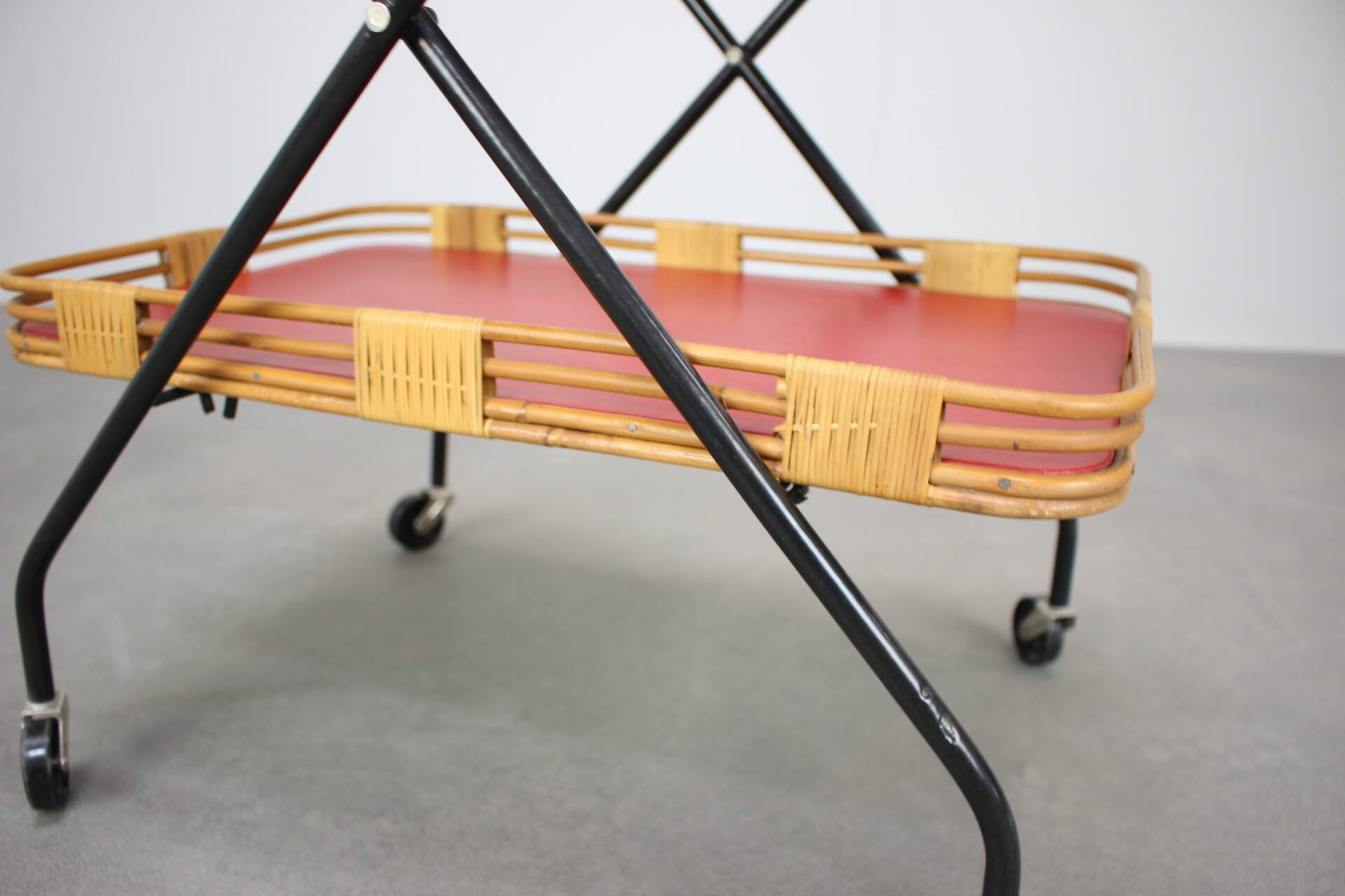 1960s Czechoslovak Mid-Century Folding Bamboo Serving Trolley Bar Cart