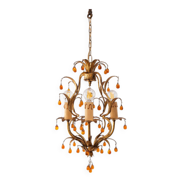 Small Italian chandelier in gold metal with leaves and flowers, c. 1960 (30 cm)