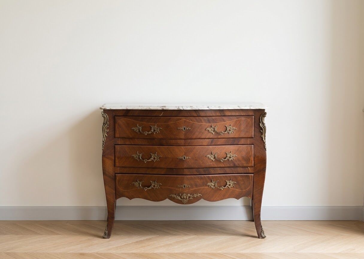 Curved Regency-style commode in mahogany marquetry.
