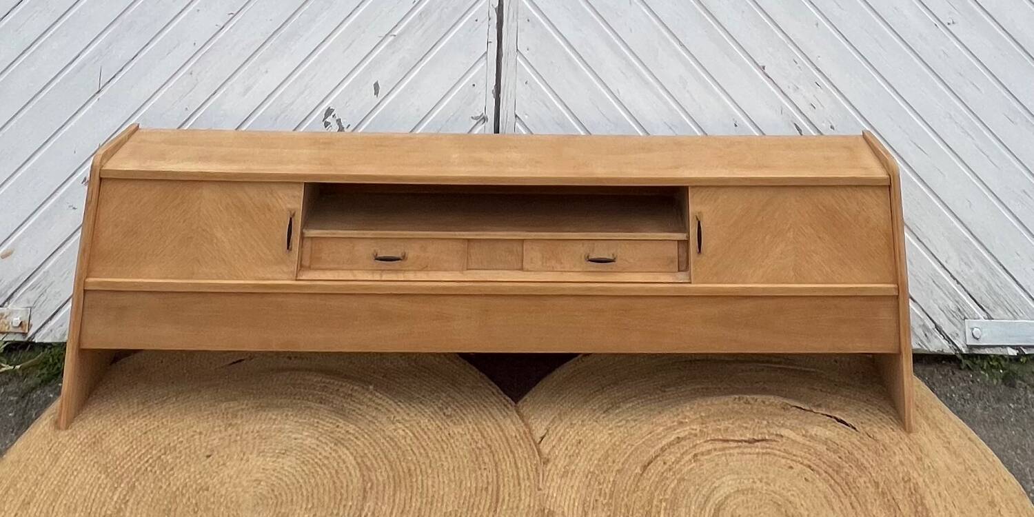 Vintage TV cabinet in raw wood with sliding doors