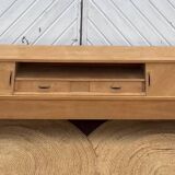 Vintage TV cabinet in raw wood with sliding doors