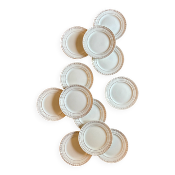 Lot de 12 assiettes à dessert vintage blanches et dorées Céranord