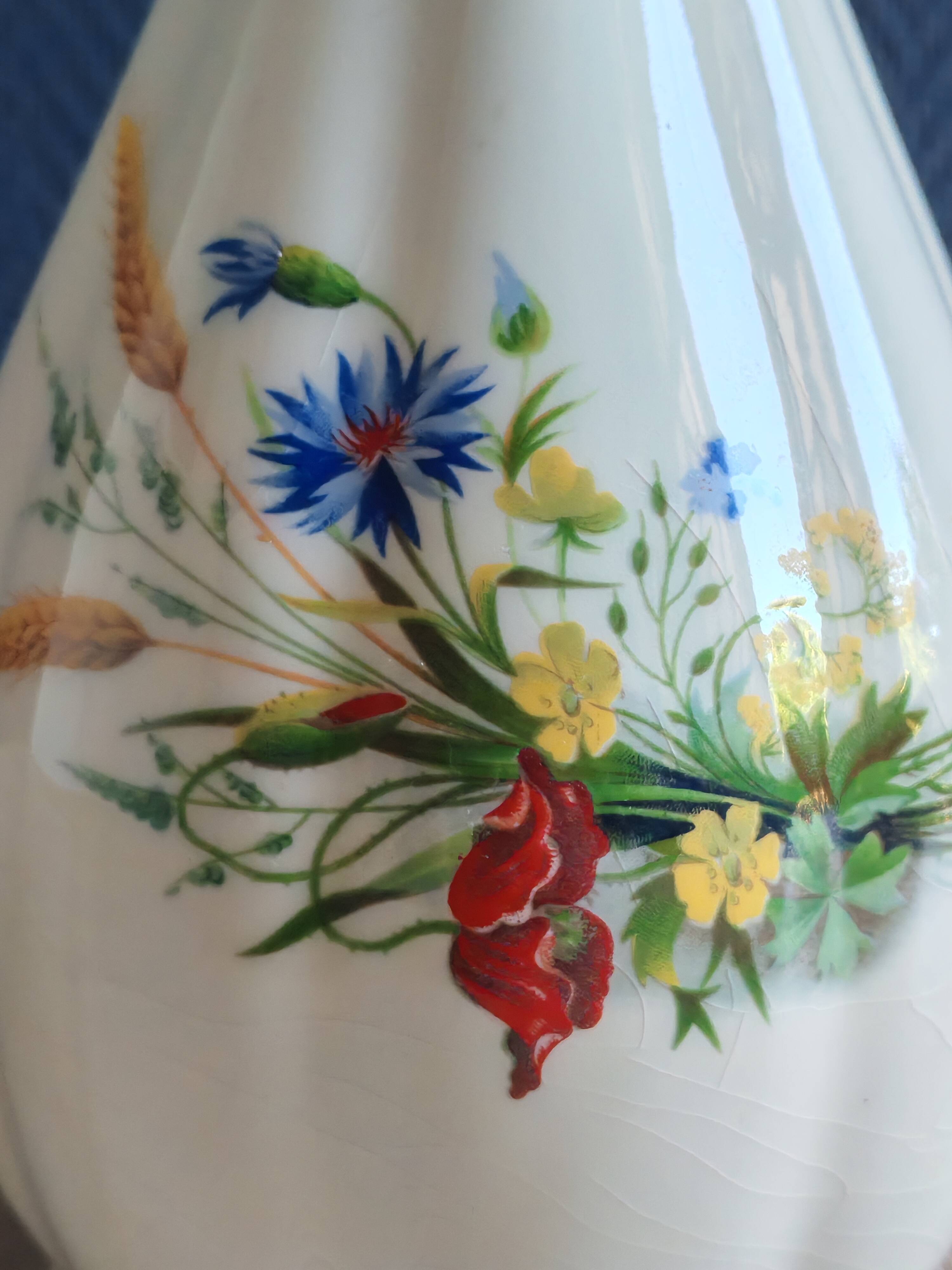Vintage White Broken Ceramic Vase with Floral Pattern, Ribbed Vase