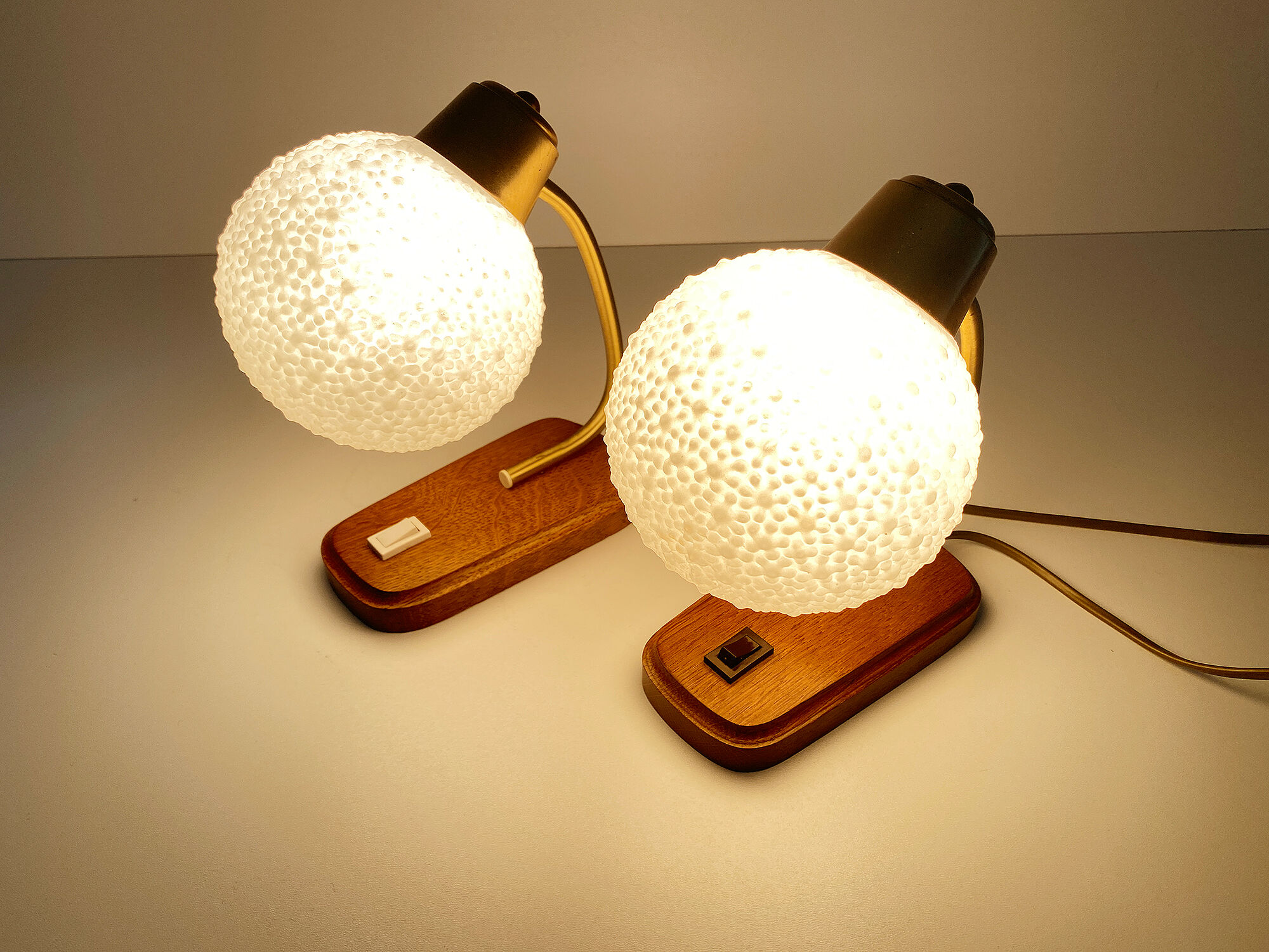 Pair of Scandinavian Vintage Lamps, Wood, Brass and Glass, 60s