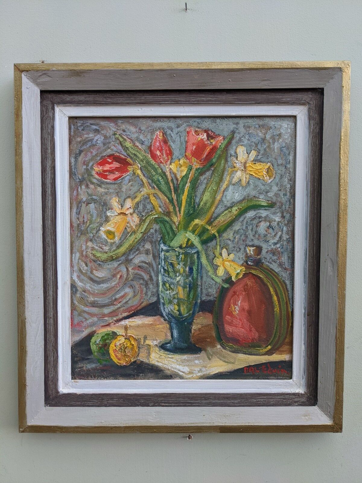 Mid-Century Modern "Still Life with Tulips" Swedish Vintage Expressionist Still Life Oil Painting, F
