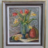 Mid-Century Modern "Still Life with Tulips" Swedish Vintage Expressionist Still Life Oil Painting, F