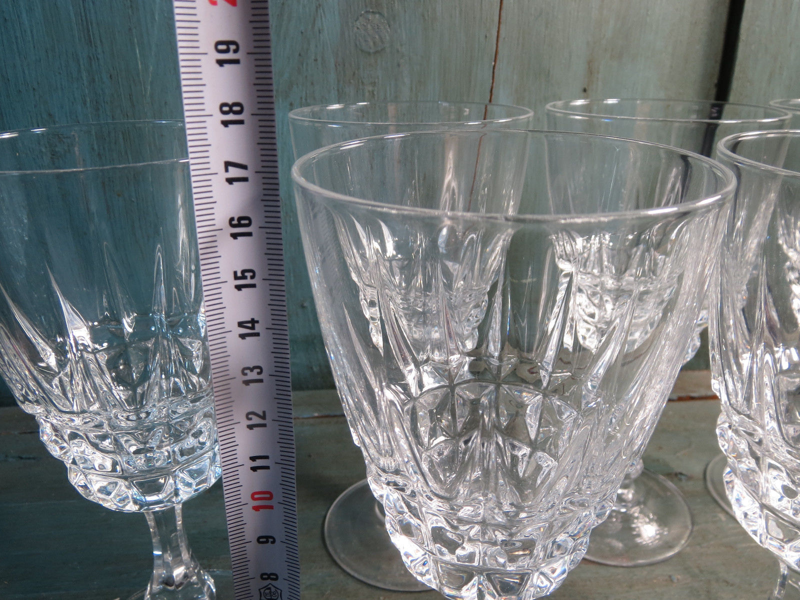 Set of 7 large old crystal water glass glasses