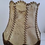 Vintage ceramic table lamp with hand-stitched leather shade, 1980s.