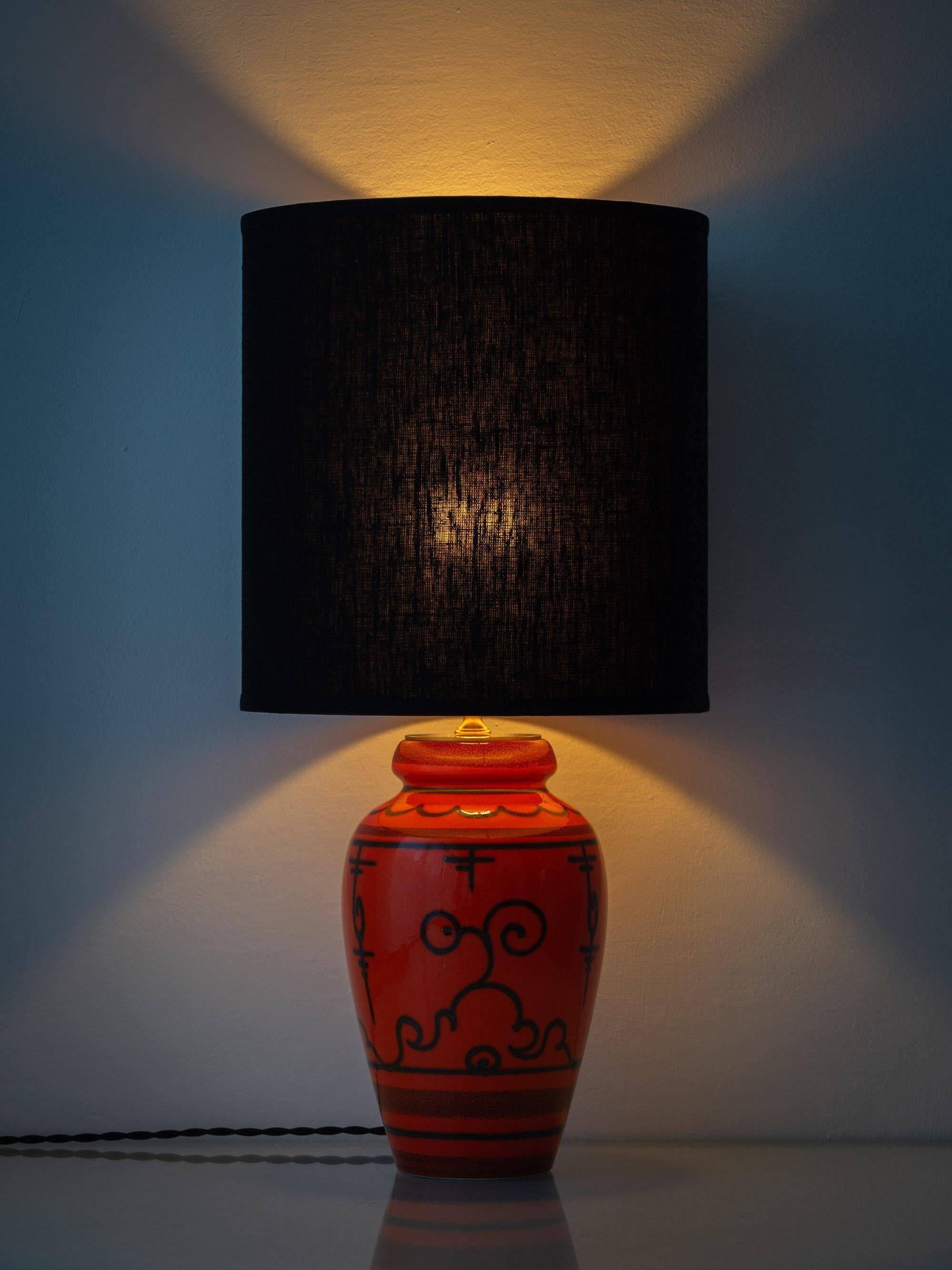 Ceramic table lamp Dutch Orange Gouda “Tokio”, 1970s, black linen shade