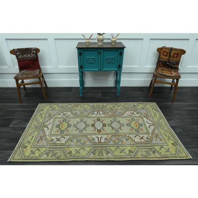 1970s vintage Turkish Oushak handmade wool cotton green area rug 115x205