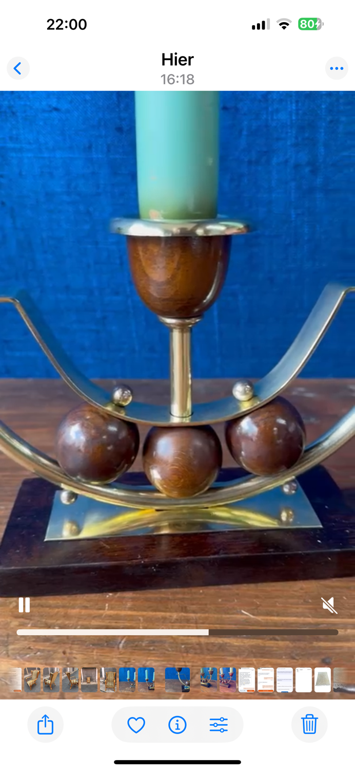 Pair of Art Deco candlesticks in brass and varnished wood, 1930s/1940s