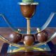 Pair of Art Deco candlesticks in brass and varnished wood, 1930s/1940s