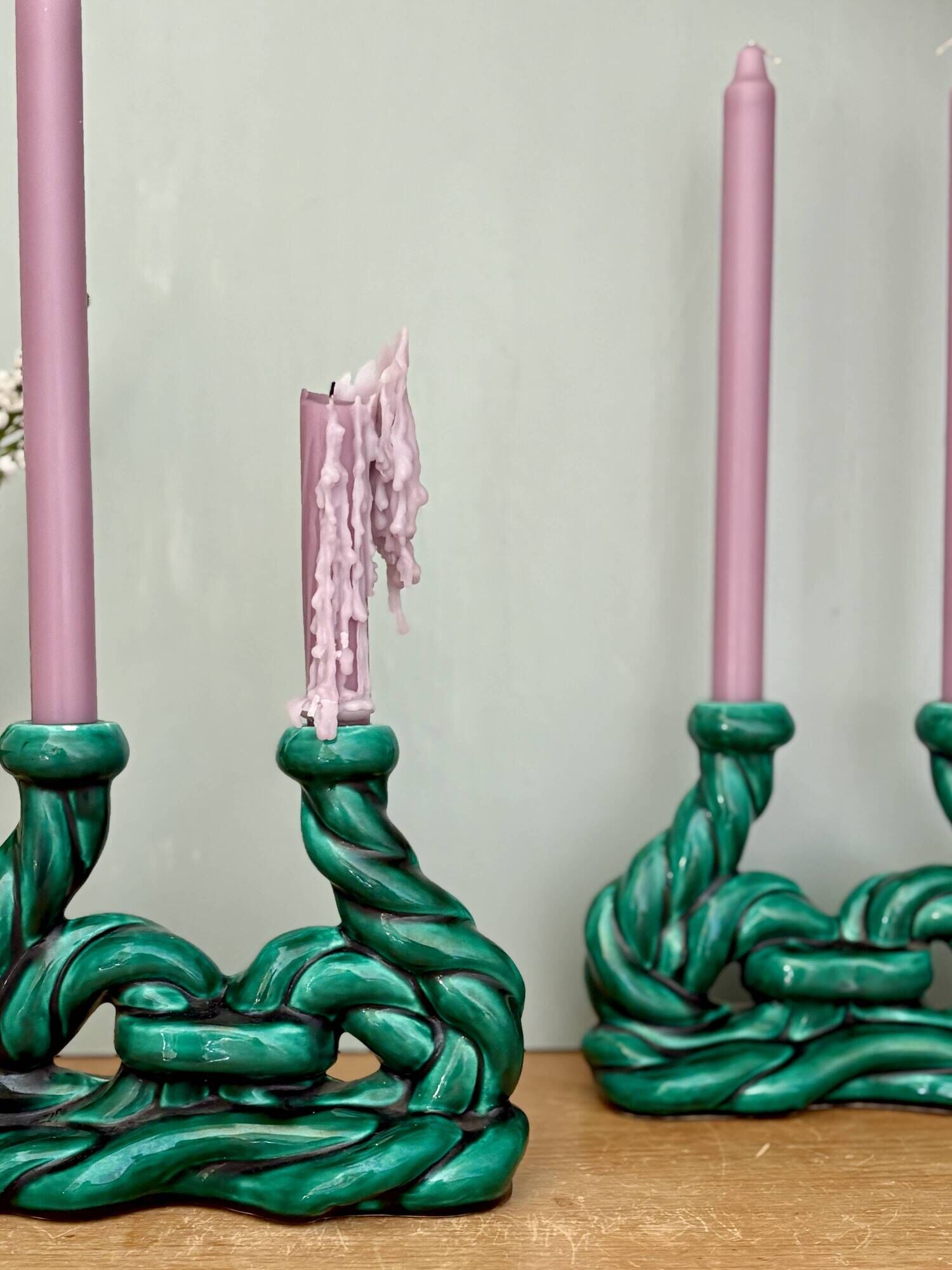 Pair of vintage green ceramic candlesticks signed Hubert Pernin, Vallauris.