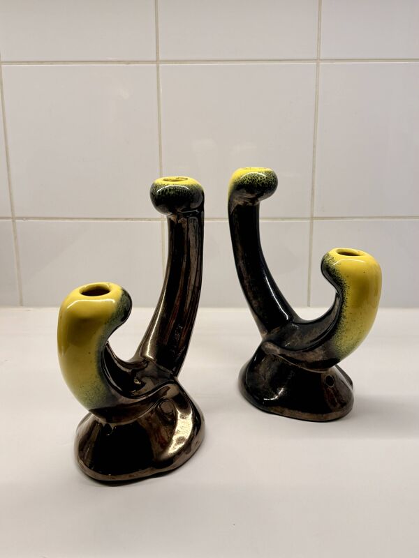 Paire de bougeoirs Vallauris Ceramidi design 1950 ceramique noir et jaune
