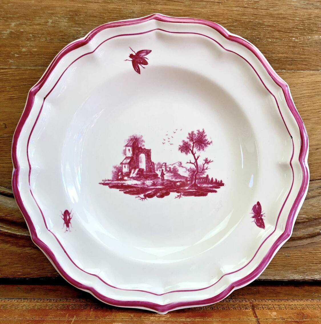 4 old Gien soup plates, pink landscape pattern, 1938/1960