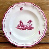 4 old Gien soup plates, pink landscape pattern, 1938/1960