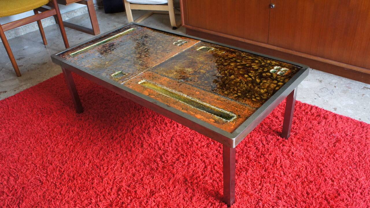 Coffee table by Robert and Jean Cloutier in steel and enameled lava stone Vintage 1950