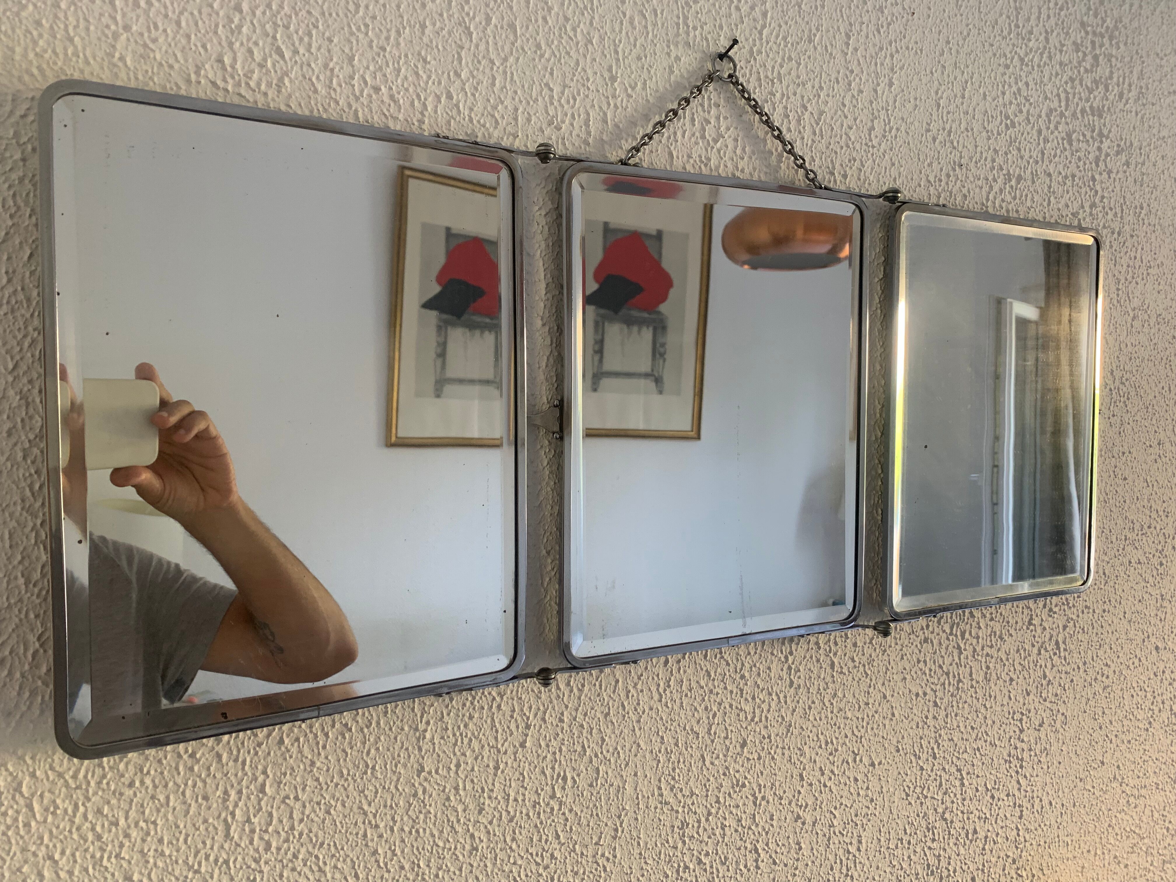 Vintage mirror 1930 triptych beveled barber iron gray - 28 x 69 cm