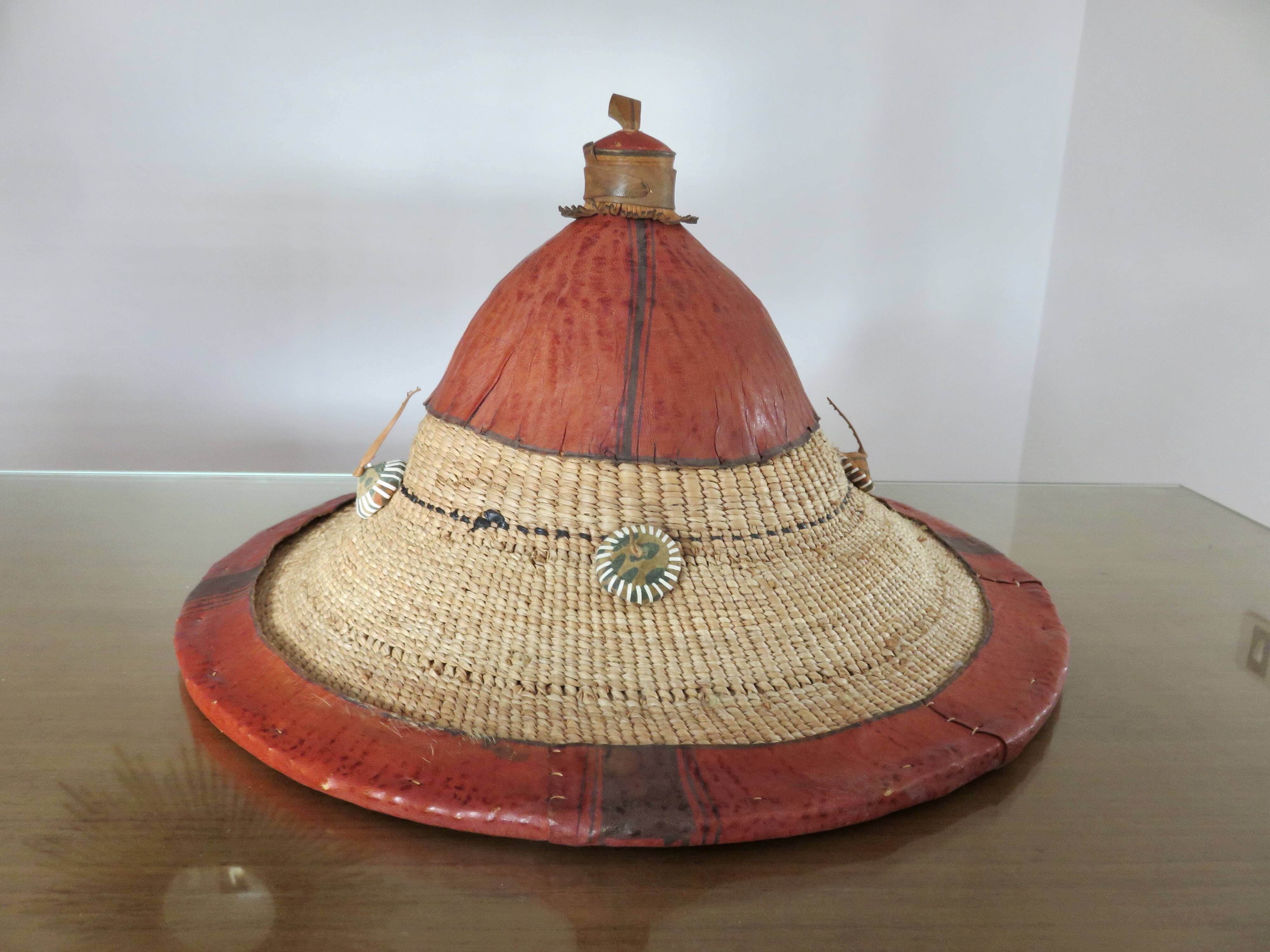 African conical hat, Fulani, in leather and braided rope, 1900