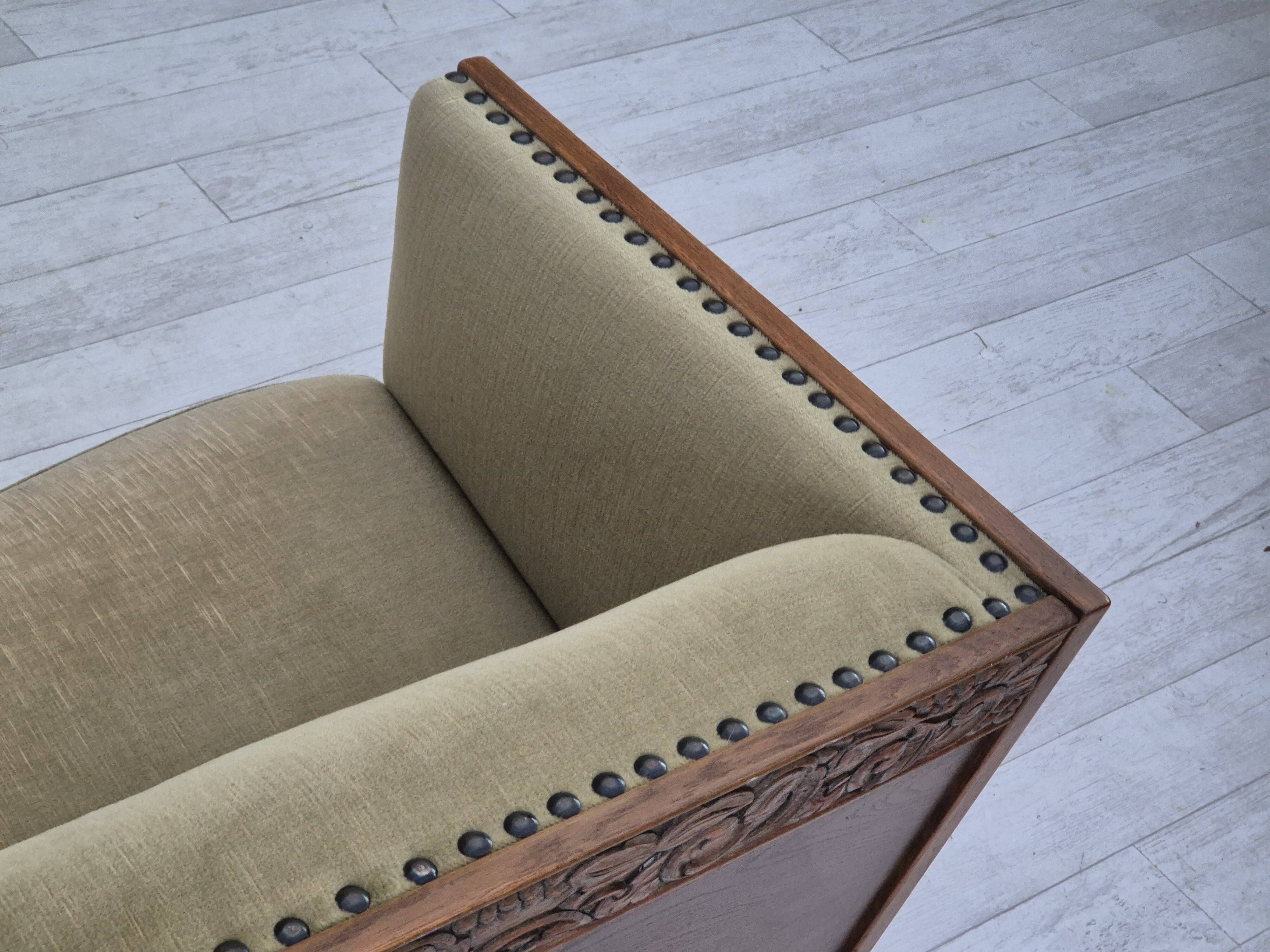 1950s, Danish curved sofa, furniture velour, oak wood.