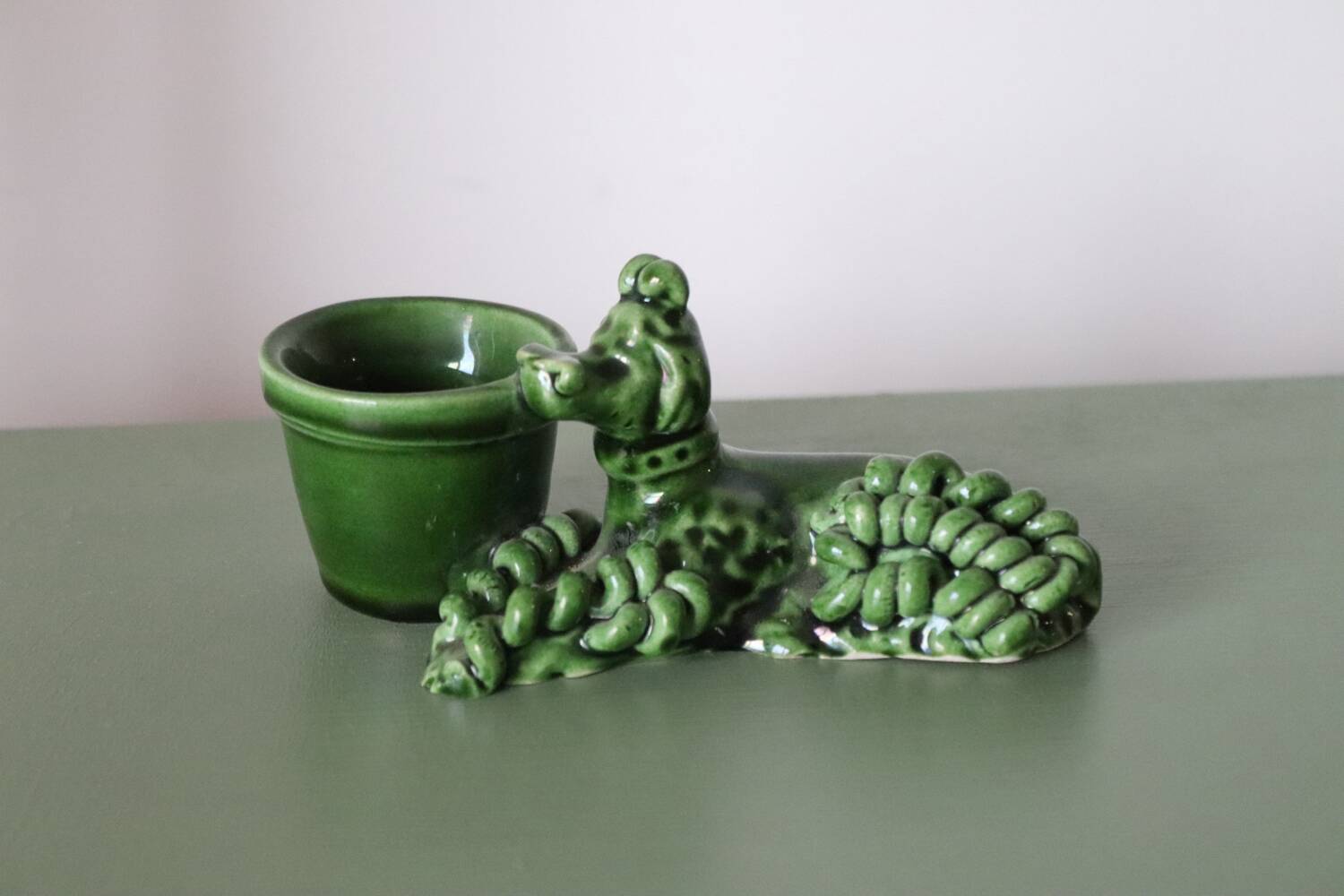 Small vintage green ceramic poodle candlestick