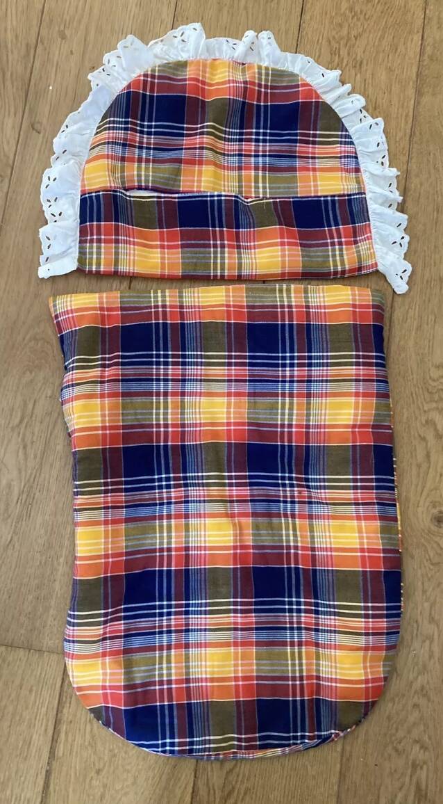 1970s wicker rattan portable bassinet cradle complete with bedding