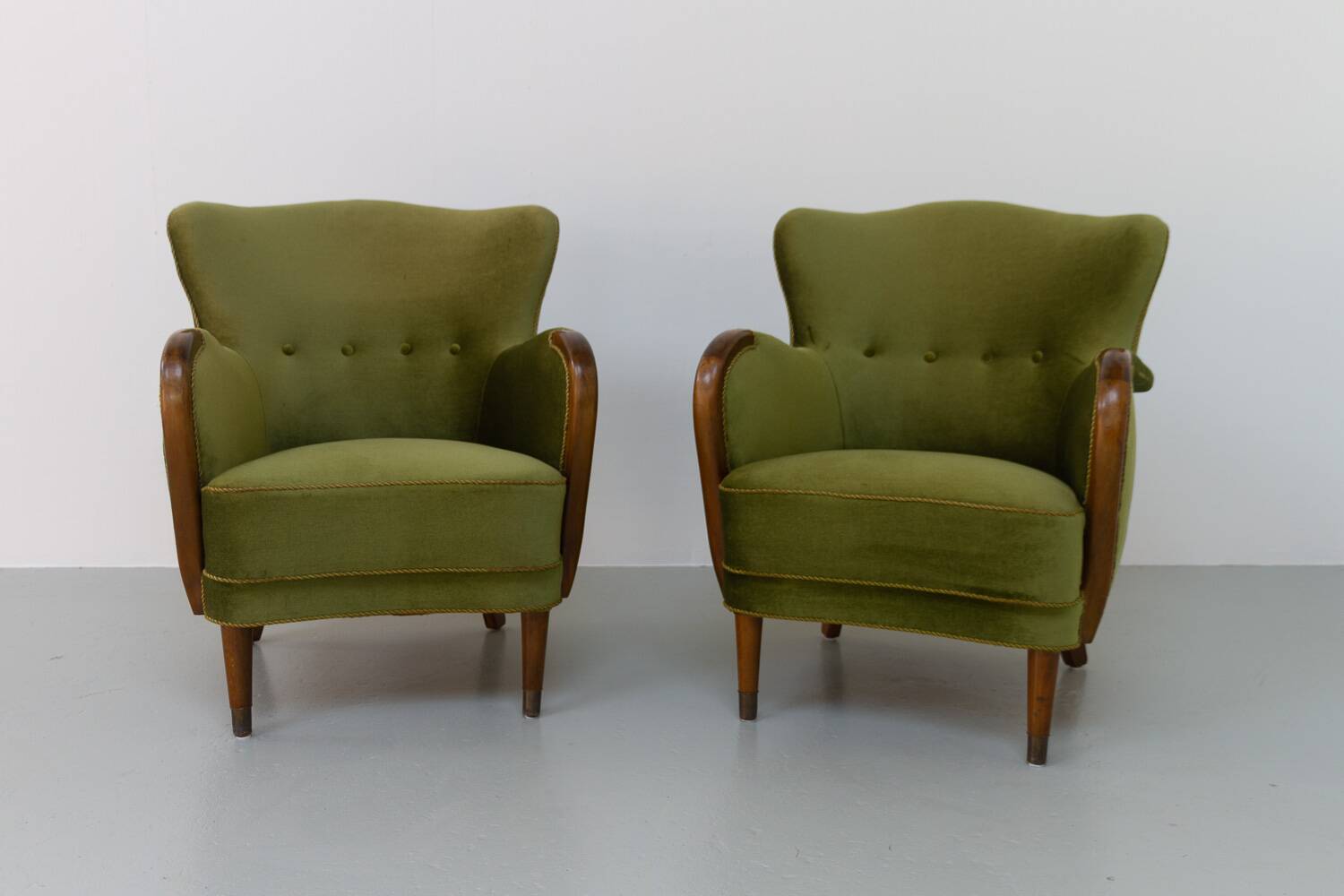 Danish art deco green velvet lounge chairs, 1940s. set of 2