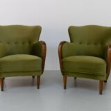 Danish art deco green velvet lounge chairs, 1940s. set of 2