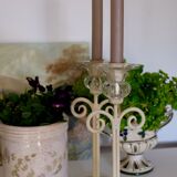 Set of 2 candle holders flower painted metal and glass